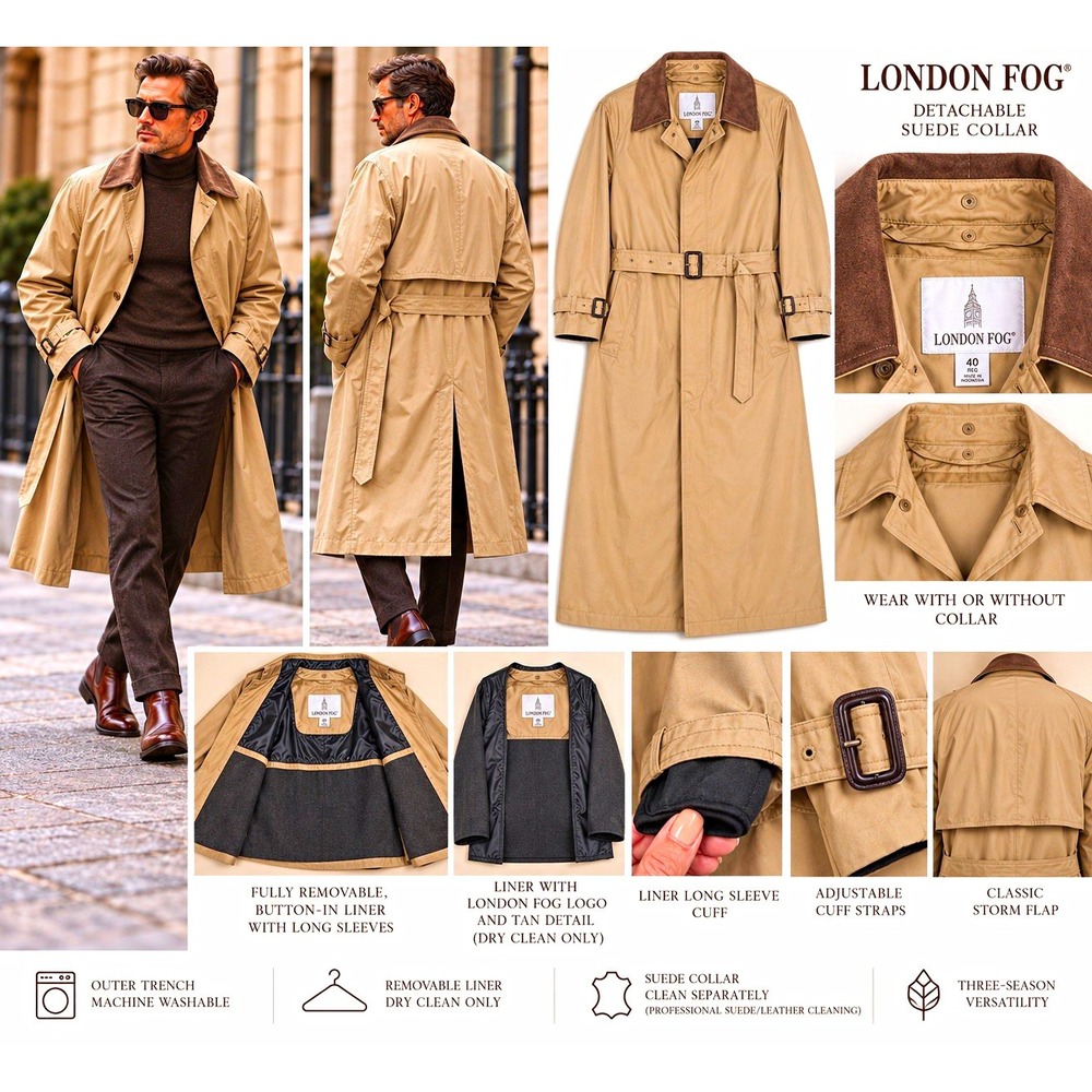 London Fog Trench Coat Mens 40R Suede Collar and Liner Removable Khaki Belted